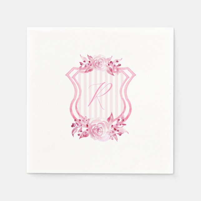 Rosa Watercolor Monogram Blommigt Napkins Pappersservett (Framsidan)