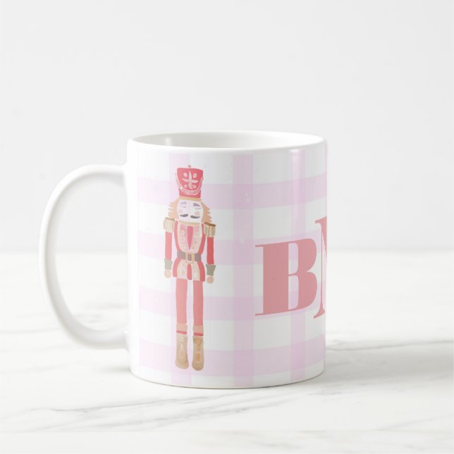 Rosa Watercolor Monogram Nutcracker Gingham Winter Kaffemugg (Vänster)