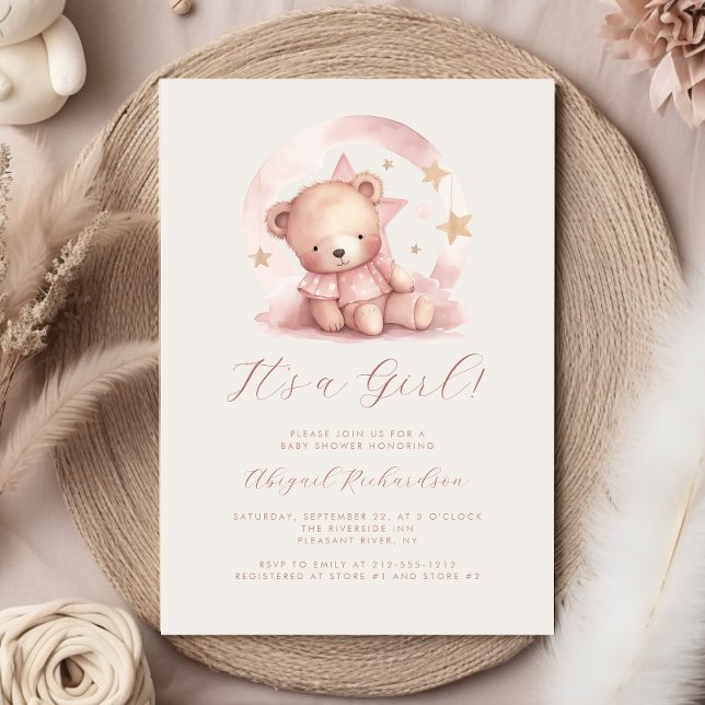 Rosa Watercolor Nalle Girl Baby Shower Inbjudningar (Skapare uppladdad)