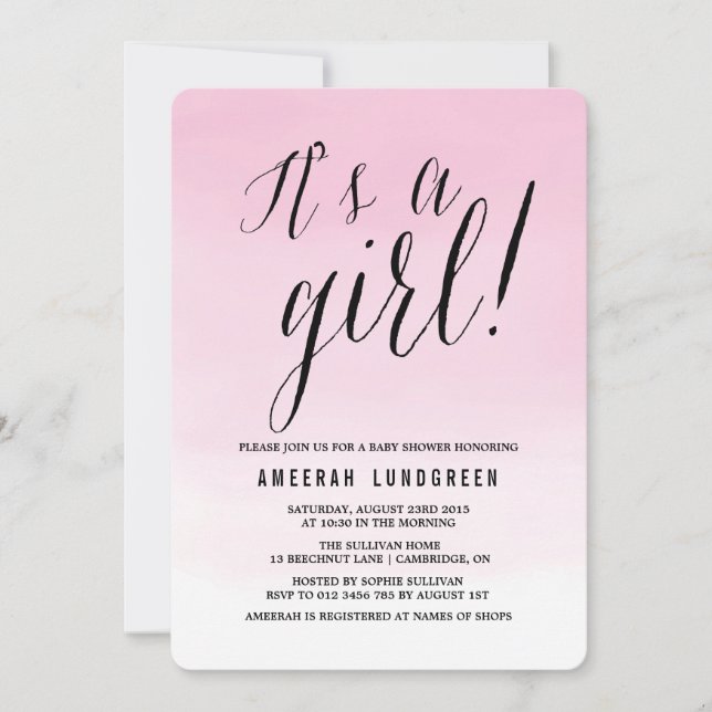 Rosa Watercolor Ombre Baby Shower-inbjudan Inbjudningar (Framsida)