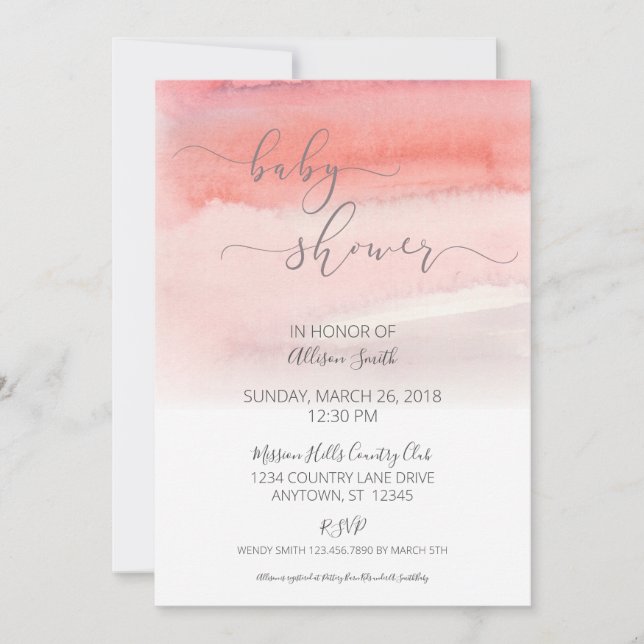 Rosa Watercolor Ombre Baby Shower-inbjudan Inbjudningar (Framsida)
