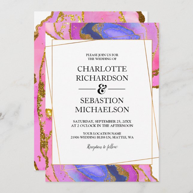 Rosa Watercolor Ombre Guld Agate Bröllop Inbjudningar (Fram/baksida)
