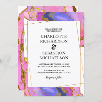 Rosa Watercolor Ombre Guld Agate Bröllop Inbjudningar