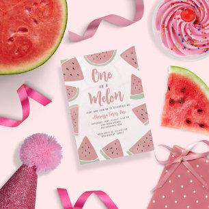 Rosa Watercolor One i Melon Girl First Birthday Inbjudningar