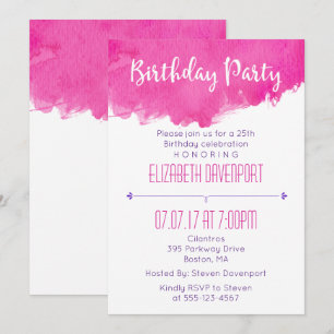 Rosa Watercolor Paint Splatter Birthday-inbjudan Inbjudningar