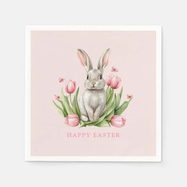 Rosa Watercolor Påskhare Tallrikar Pappersservett (Framsidan)