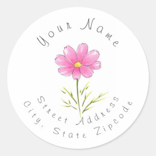 Rosa Watercolor & Pen Cosmos Flower Address Label Runt Klistermärke