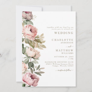 Rosa Watercolor Peonies Elegant bröllop Guld Text Inbjudningar