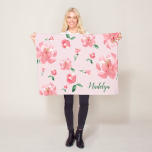 Rosa Watercolor Peonies Grönt  Anpassat namn Fleecefilt