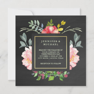 Rosa Watercolor Peonies on Chalkboard Titta Bröllo Inbjudningar