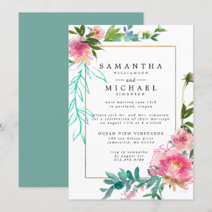 Rosa Watercolor Peony Blommigt Elopement Recept Inbjudningar