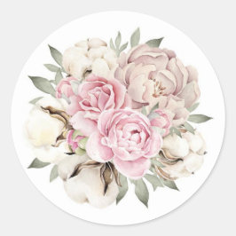  Rosa Watercolor Peony Cream Cotton Bröllop Runt Klistermärke