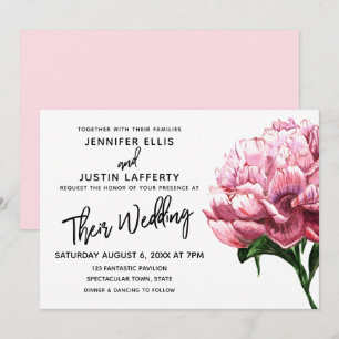 Rosa Watercolor Peony Flower, Modern Bröllop Inbjudningar