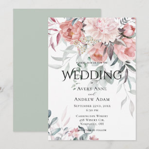 Rosa Watercolor Peony Greenery Bröllop Inbjudningar