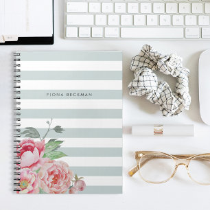 Rosa Watercolor Peony & Mint Rand Anteckningsbok Med Spiral