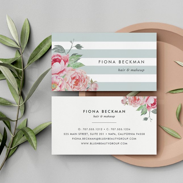 Rosa Watercolor Peony & Mint Rand Visitkort (Skapare uppladdad)