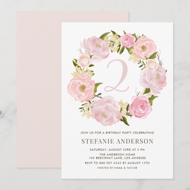  Rosa Watercolor Peony Wandan Barns födelsedag Inbjudningar (Fram/baksida)