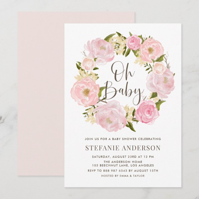  Rosa Watercolor Peony WandeBaby Shower Inbjudningar (Fram/baksida)