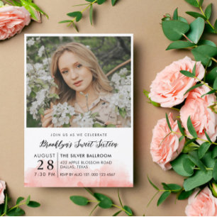 Rosa Watercolor Photo Sweet 16 Inbjudningar