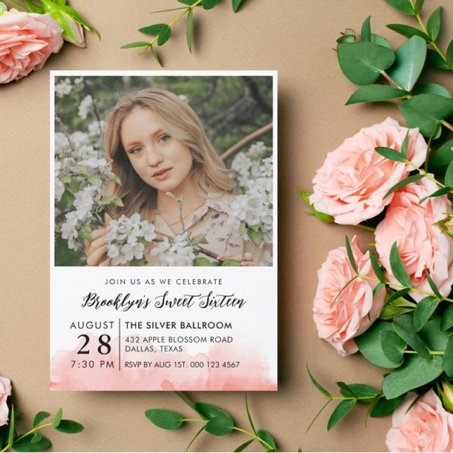 Rosa Watercolor Photo Sweet 16 Inbjudningar (Skapare uppladdad)