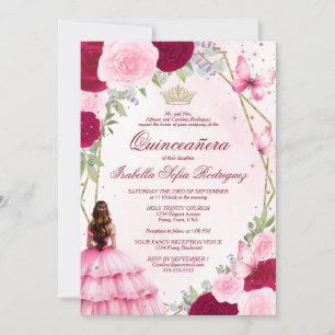 Rosa Watercolor Princess Auburn Hair Quinceanera Inbjudningar