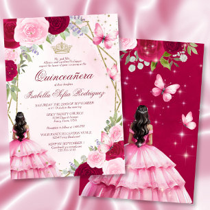 Rosa Watercolor Princess Black Hair Quinceanera Inbjudningar