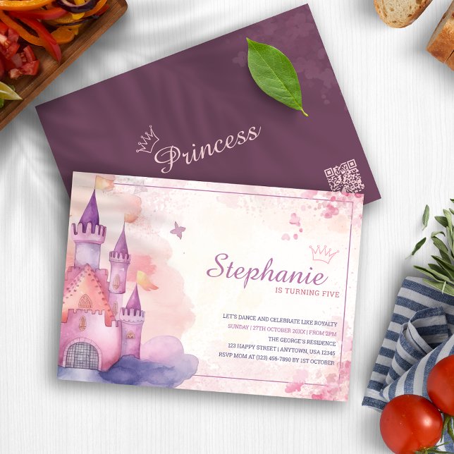 Rosa Watercolor Princess Castle Födelsedagsfest Inbjudningar (Pink Watercolor Princess Castle Birthday Party Invitation)