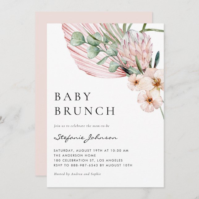 Rosa Watercolor Protea Tropical Baby Brunch Inbjudningar (Fram/baksida)