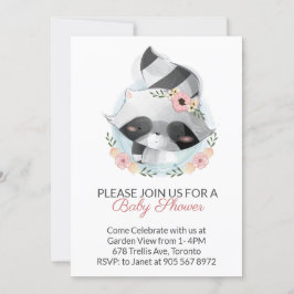 Rosa Watercolor Raccoon Virtuell Baby Shower Inbjudningar