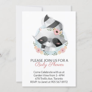 Rosa Watercolor Raccoon Virtuell Baby Shower Inbjudningar