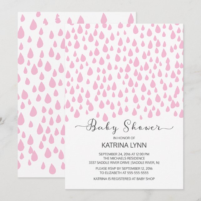 Rosa Watercolor Raindros Girls Baby Shower Inbjudningar (Fram/baksida)