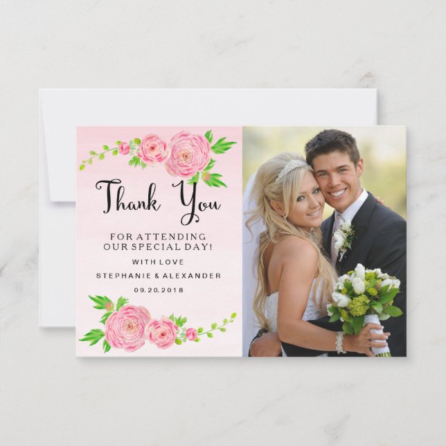 Rosa Watercolor Ranunculus Bröllop Tack Photo Kort (Framsida)