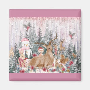 Rosa Watercolor Reindeer, Snögubbe God jul Magnet