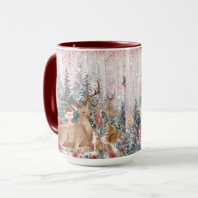 Rosa Watercolor Reindeer, Snögubbe God jul Mugg (Framsida vänster)