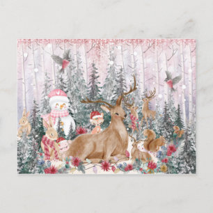 Rosa Watercolor Reindeer, Snögubbe God jul Vykort
