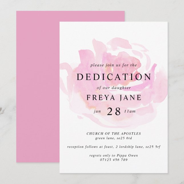 Rosa Watercolor Ro Baby Dedication Inbjudningar (Fram/baksida)