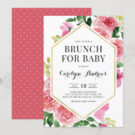 Rosa Watercolor Ro Blommigt Ram Brunch för Baby Inbjudningar