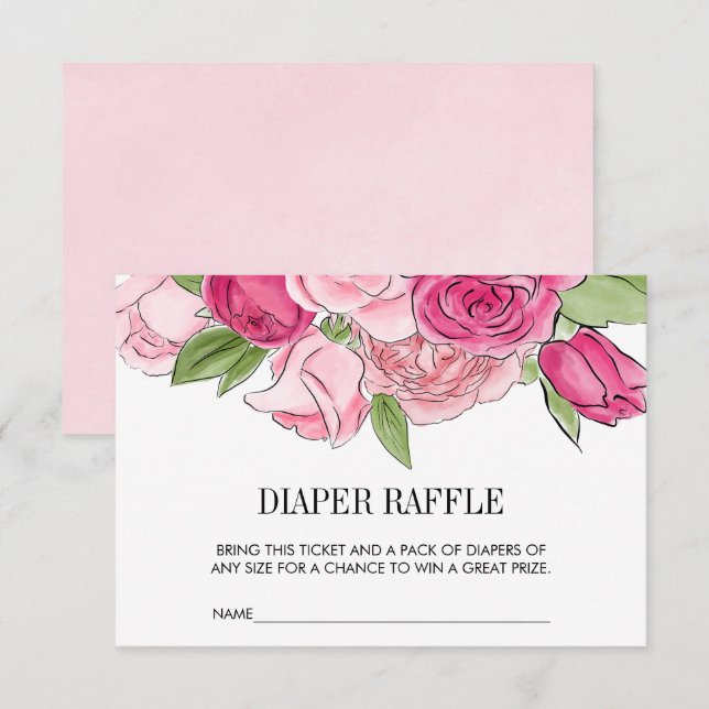 Rosa Watercolor Ro Diaper Raffle Biljett Inbjudningar (Fram/baksida)