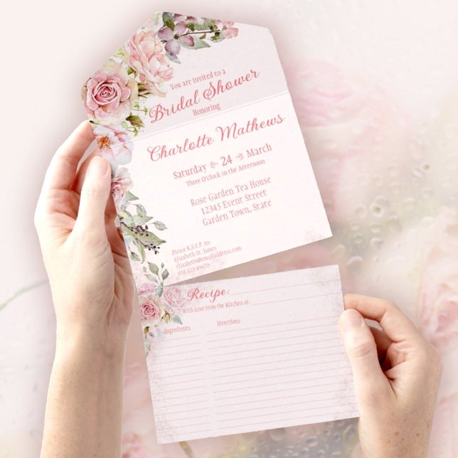 Rosa Watercolor Ro Möhippa (Pink Watercolor Roses Bridal Shower All In One Invitation, easy-to-tear-off perforated Recipe Card.)
