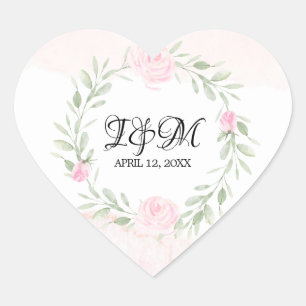 Rosa Watercolor Ro Monogrammed Bröllop Hjärtformat Klistermärke