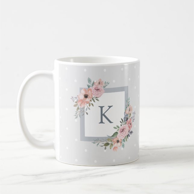 Rosa Watercolor Ro och Grått Dots | Monogram Kaffemugg (Vänster)