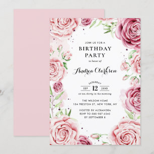 Rosa Watercolor Ro Ram Födelsedagsfest Inbjudningar