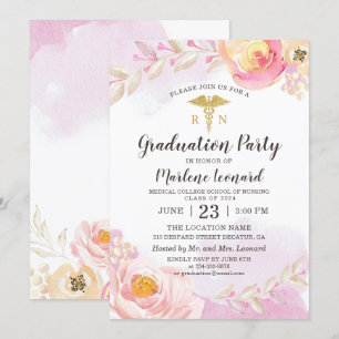 Rosa Watercolor Ro RN Nurse Studentfest Inbjudningar