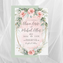 Rosa  Watercolor Ro Sage Grönt Bröllop Inbjudningar