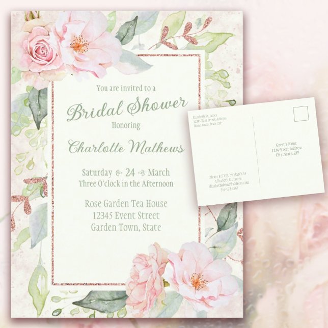 Rosa Watercolor Ro Sage Grönt Möhippa Inbjudan Vykort (Pink Watercolor Roses Sage Green Bridal Shower Invitation Postcard. )