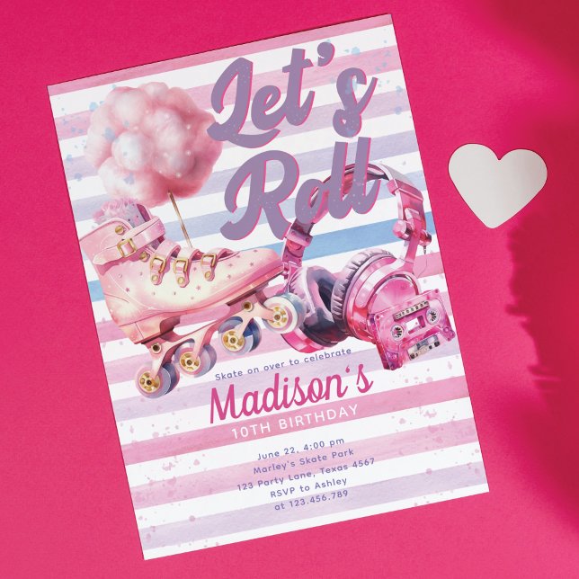 Rosa Watercolor Roller Blade Birthday Inbjudningar (Skapare uppladdad)