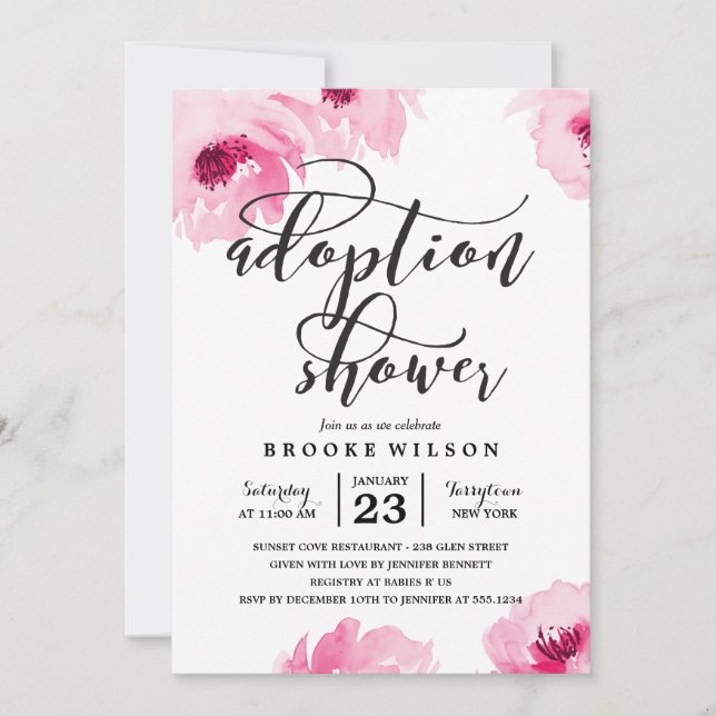 Rosa Watercolor Rosor Adoption Baby Shower Inbjudningar (Framsida)