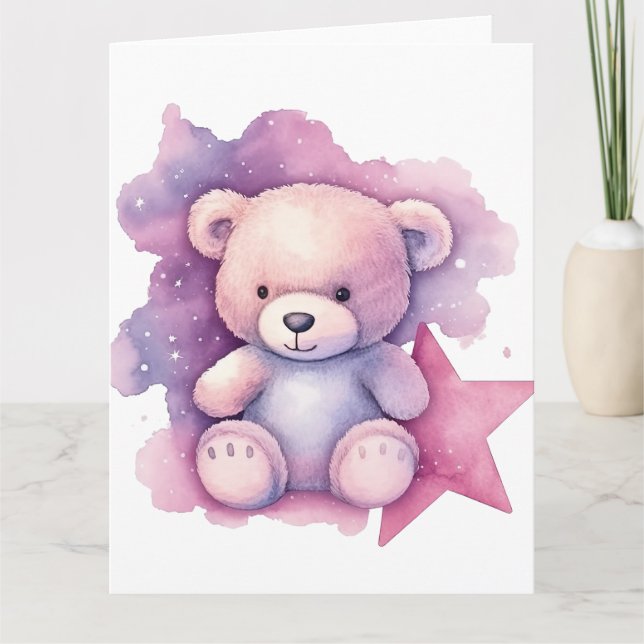 Rosa Watercolor Star-Nalle Kort (Framsida)