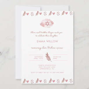 Rosa Watercolor Star of David Baby Naming Inbjudningar