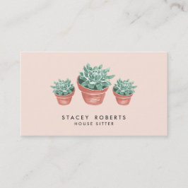 Rosa Watercolor Succulent Plant House Pet Sitter Visitkort